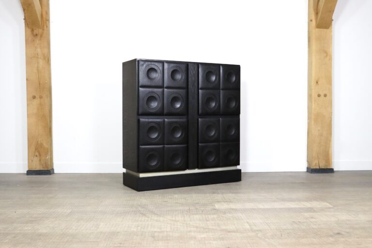 Midcentury Modern brutalist Highboard in black stained oak and chrome, Belgium 1970s